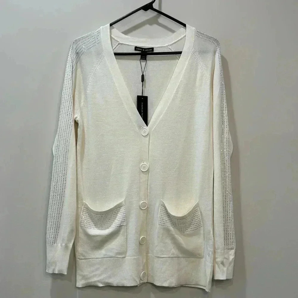 Cable & Gauge White Button-Down Cardigan with Rhinestones, Size M